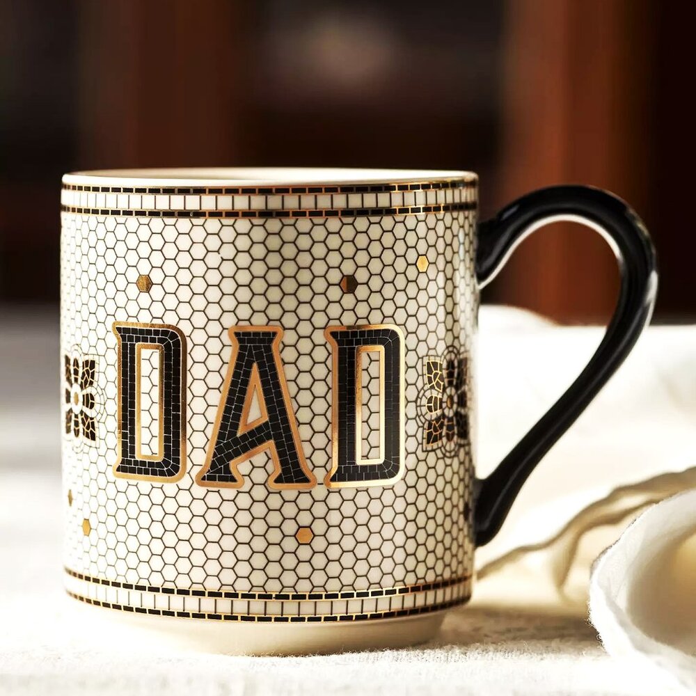 Anthropologie Bistro Tile Mug "DAD" 24K Gold Decaled Glazed Stoneware 14.75 oz